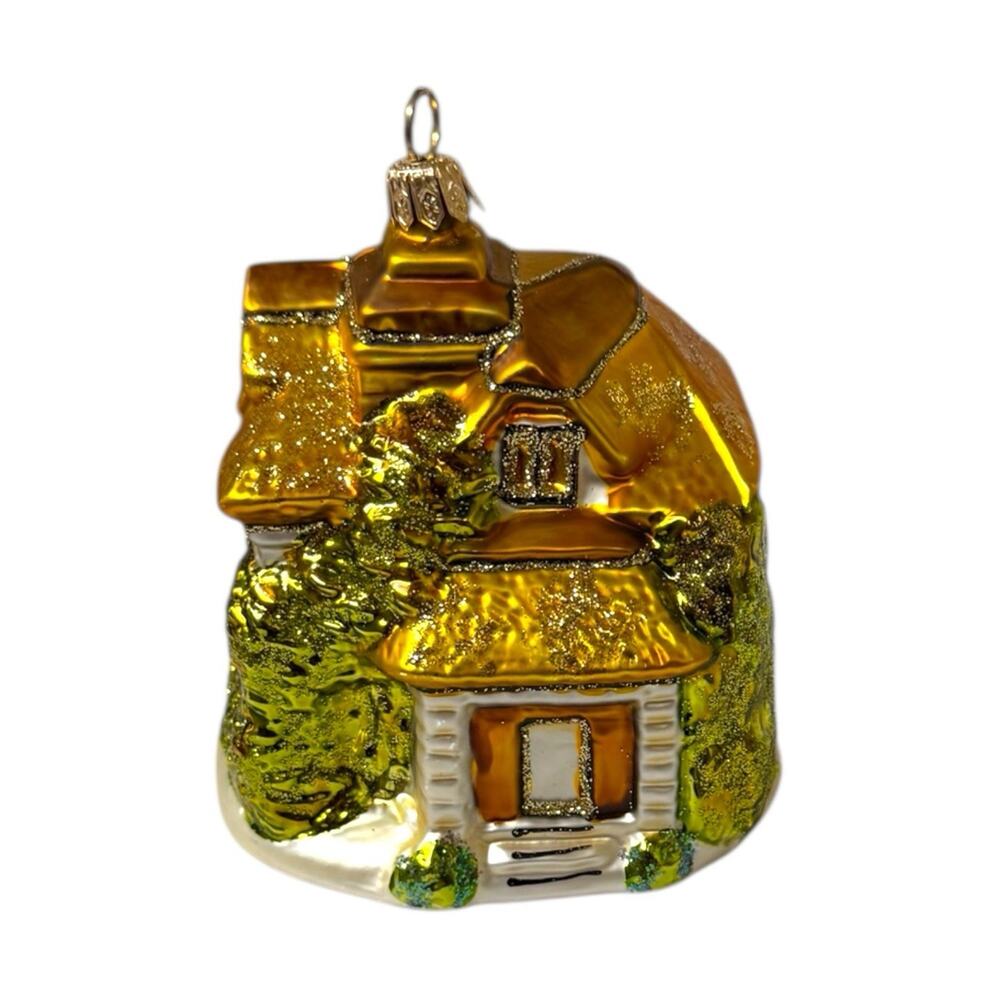 Blown Glass Cottage House Ornament Gold White Glitter Large Vintage EUC